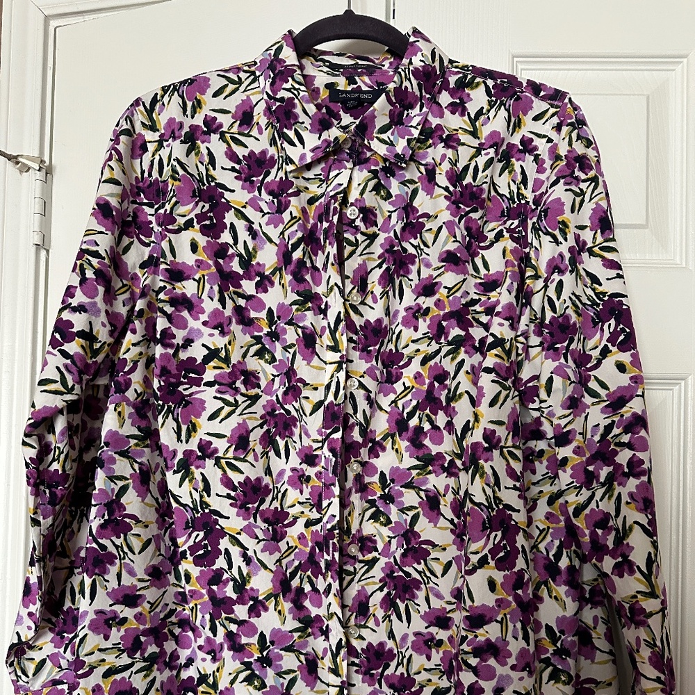 Lands' End 18W No Iron 100% Supima Cotton Allover Print Long Slv Button Down Top